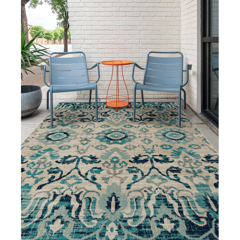 Bungalow Rose Atherton Ikat Blue/Beige Indoor / Outdoor Area Rug